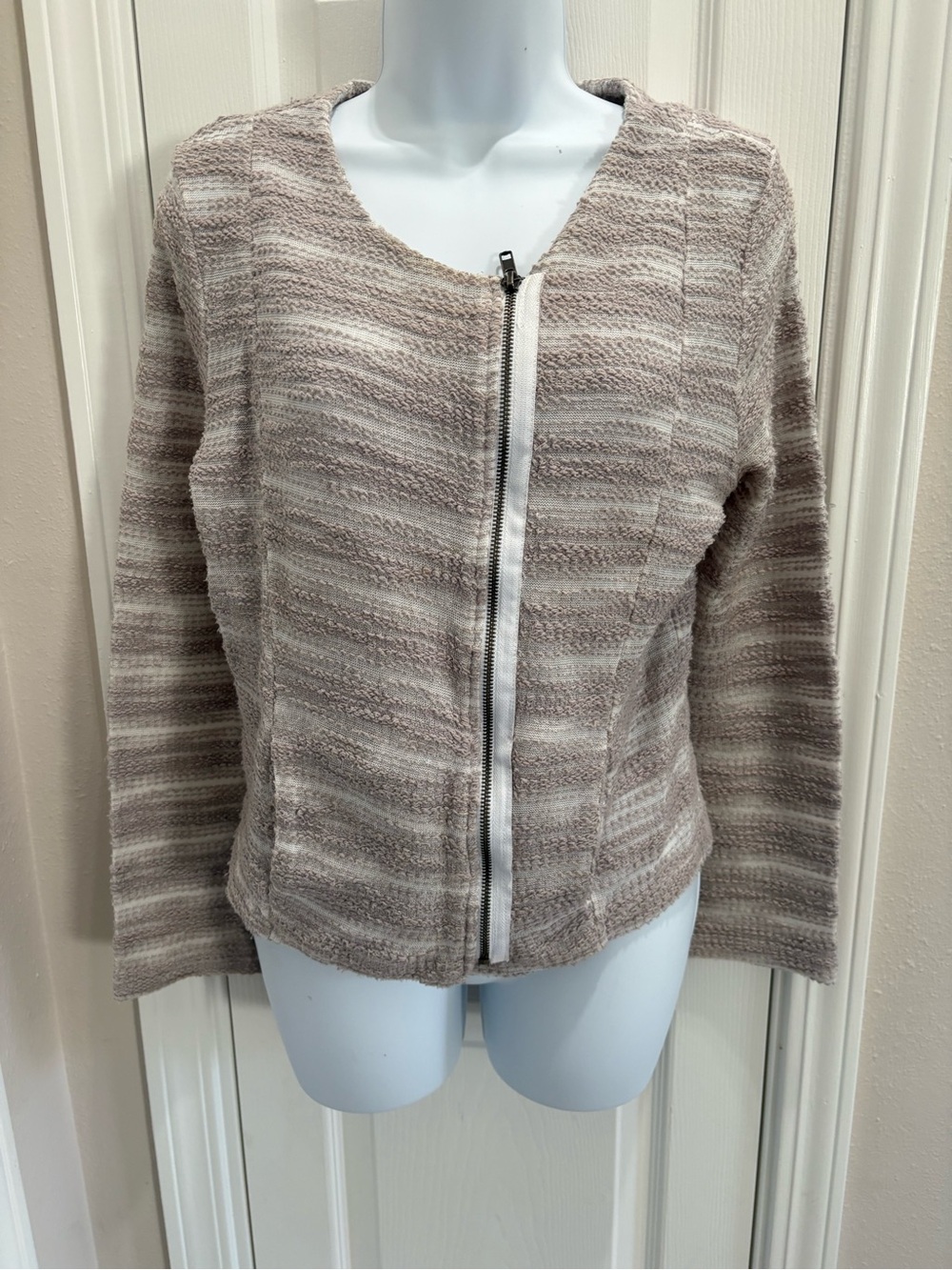 dolan Taupe Striped Zip-Front Crew Neck Sweater